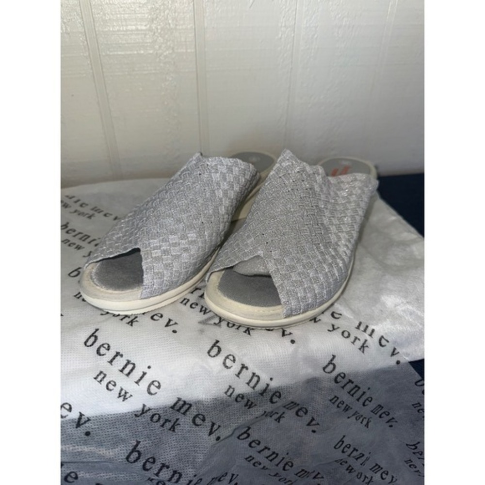 Bernie Mev Silver Woven Metallic Slide Wedge Sandals Mules Womens Size 36